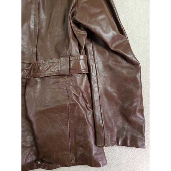 Vintage Meier & Frank Jacket 47 Brown Leather Collar Long Sleeve Belted Pockets - Picture 6 of 10